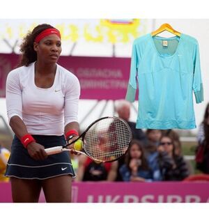 NIKE-Fit-Dri 3/4 Sleeves Serena Tennis Top Aqua 348345-486 Sz S